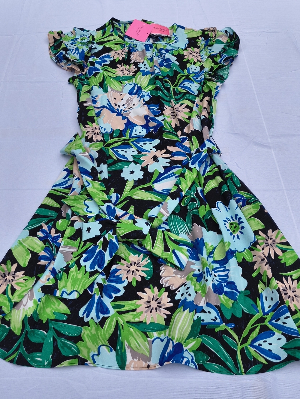 Kate Spade Full Bloom Belted Dress Ruffle Sleeves Floral Green Blue 2
